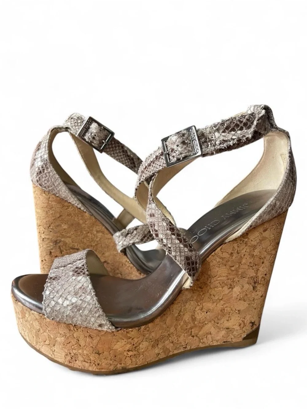 VINTAGE Jimmy Choo Snake-Print Cork Wedge Sandals - Taupe